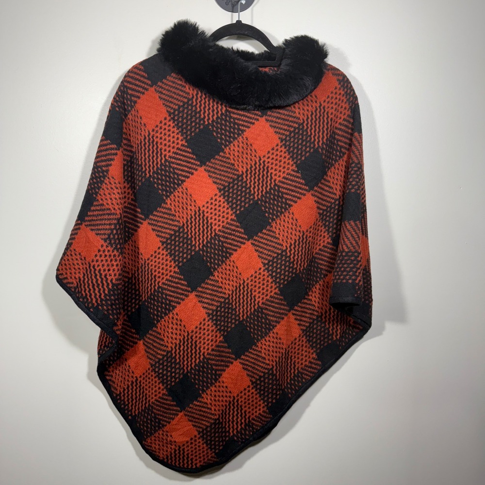 Ana & Kate‎ Vintage Plaid Poncho with Faux Fur Collar Retro Cottagecore Holiday